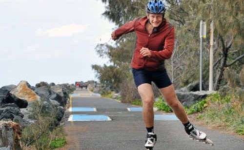 Mats Frankl, the around-the-world rollerblader arrives in Coffs Harbour yesterday, with wife Lisa and sons Jakob and Noa. Mats Frankl, the around-the-world rollerblader arrives in Coffs Harbour yesterday, with wife Lisa and sons Jakob and Noa.
